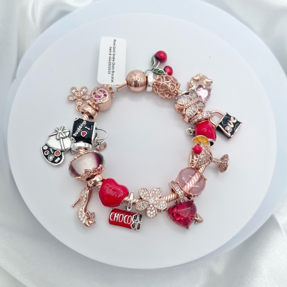 Linx Rose Gold Snake Chain Bracelet with Red Heart and Love Themed Charms